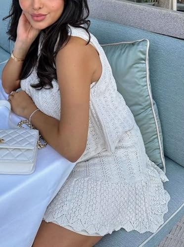 CHARTOU Women Crochet Knit 2 Piece Sets Summer Outfits Sleeveless Vest Tops and Ruffle Mini Skirt2