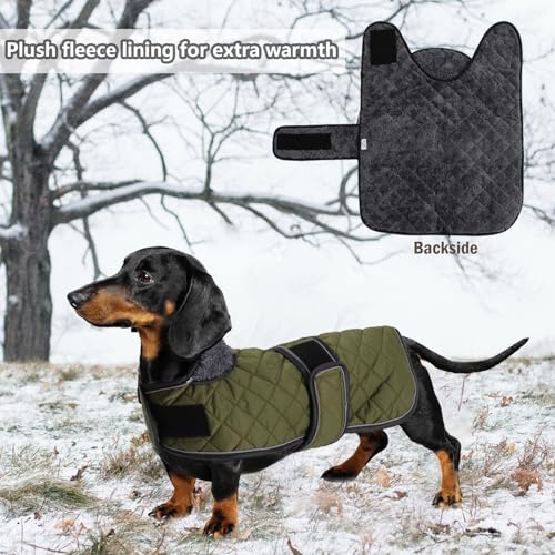 Geyecete - Warmer wintermantel für dackel Hunde,Hunde Winterjacken mit plüschfutter,Outdoor jacken mit verstellbaren gürtel und Kabelbaumloch,für mittelgroße und Kleiner dackel-Armee Grün-M