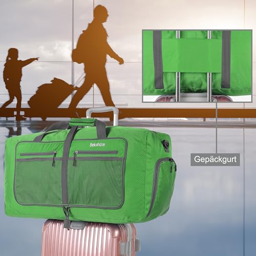 Bekahizar Leichte Faltbare Reisetasche 60L Große Travel Duffle Bag Übernachtung Taschen Verpackbar Reisegepäck Gym Sporttasche Mit Schuhfach für Herren Damen Flugzeug Camping Reisen Urlaub (grün)