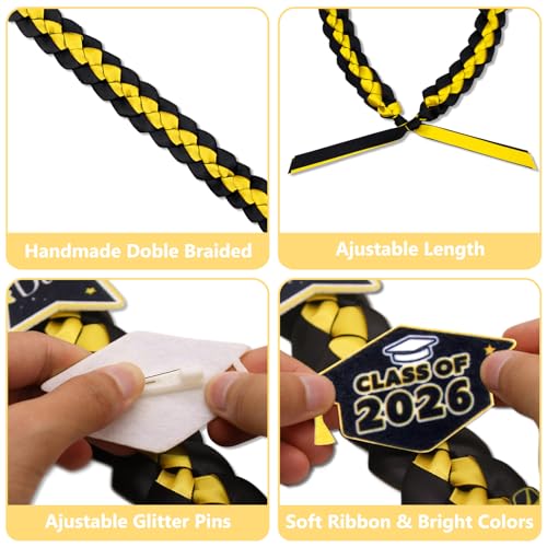 Image of Graduation Leis Class of 2026 Decorations, Handmade Double Braided Graduation Ribbon Leis with Glitter Pins for Him Her High School College Congrats Party Supplies (Black & Gold)