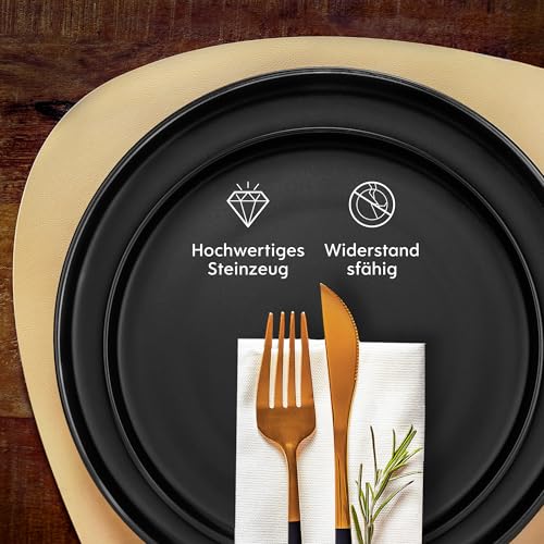 Twinzee Steinzeug Geschirrset Schwarz - Set von 24 Geschirr und Tischkunst - Teller Set - Mikrowellen- und Spülmaschinenfest - Langlebig und Elegant