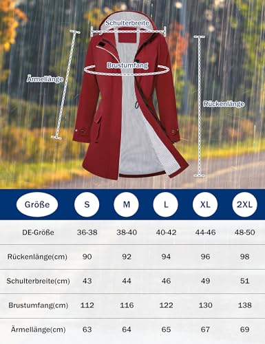 PONCEAU Damen Wasserdicht Regenjacke Lang Windbreaker Übergangsjacke Leichte Atmungsaktiv Outdoorjacke Raincoat Regenponcho Regenparka Trenchcoa Regenmantel mit Kapuze