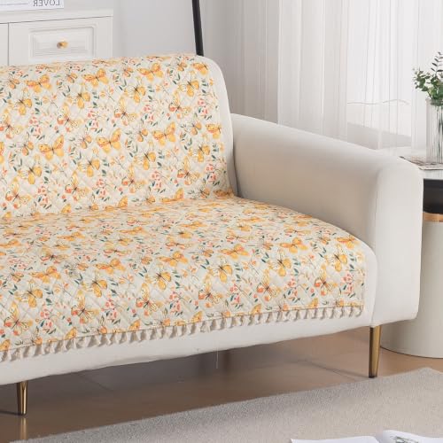 Image of HOKIPO Sunlit Butterfly Quilted Sofa Cover with Tassels 2 Seater for Seat & Back, (152x120 cm), 'Tassel Twigs' Series (IN-990-T3)