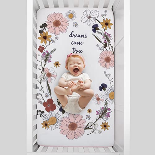 Image of NoJo Keep Blooming Pink, White, Purple and Gold 'Dreams Come True' Wild Flowers 100% Cotton Photo Op Nursery Fitted Crib Sheet