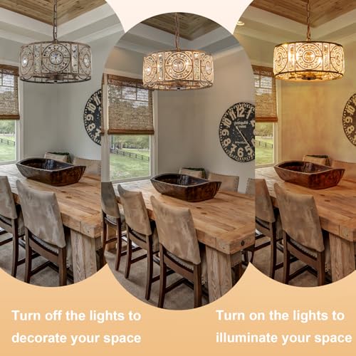 Image of Bronze Vintage Crystal Chandeliers for Dining Room 14.17 inch Drum Pendant Lights, Dining Room Light Fixtures Over Table, Hanging Chandelier for High Ceiling Kitchen Island Living Room Foyer