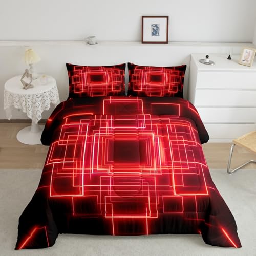 jejeloiu Geometric Bedding Set King Size Modern Art Comforter Cover for Boys Girls Teens Bright Red Duvet Cover Breathable Soft Lightweight Microfiber