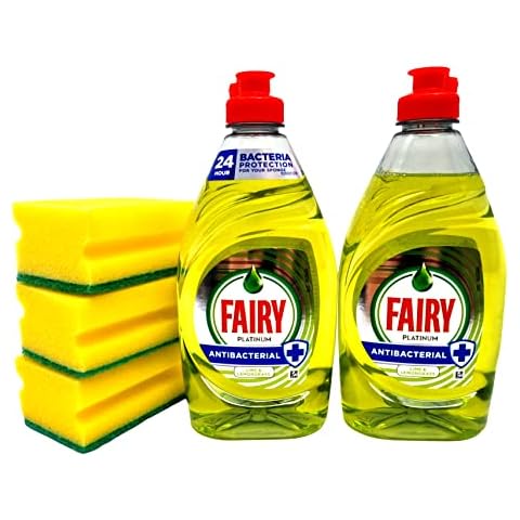 Dish Washing Cleaning Set - 2X 320ml Fairy Liquid Antibacterial Lime & Lemongrass and 3X Easy Grip CR Snacking Sponge Sourer Set - Heavy Duty Non Scratch , Absorbent Cleaning Sponges for Cleaning Cover