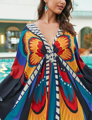Image of KECVOT Kaftan Dresses for Women Plus Size Batwing Sleeve Caftans Long Bathing Suit Cover Up Maxi Beach Dress Loungewear