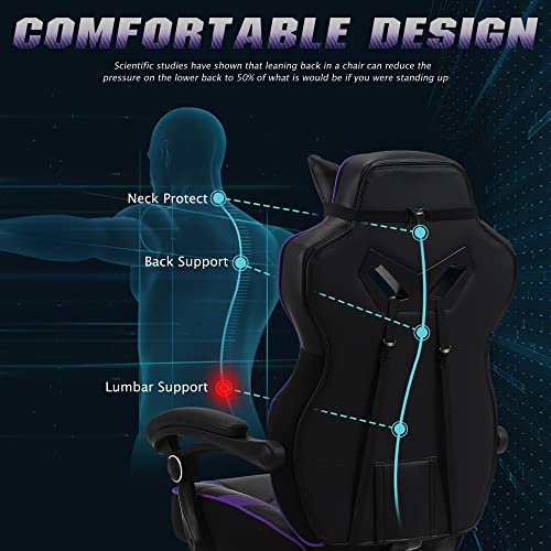 Purple Gaming Chair, Reclining Computer Chair with Footrest, High Back Gamer Chair with Massage, Large Computer Gaming Chair, Racing Style Desk Chair for Gaming, Big and Tall Gaming Chairs for Adults