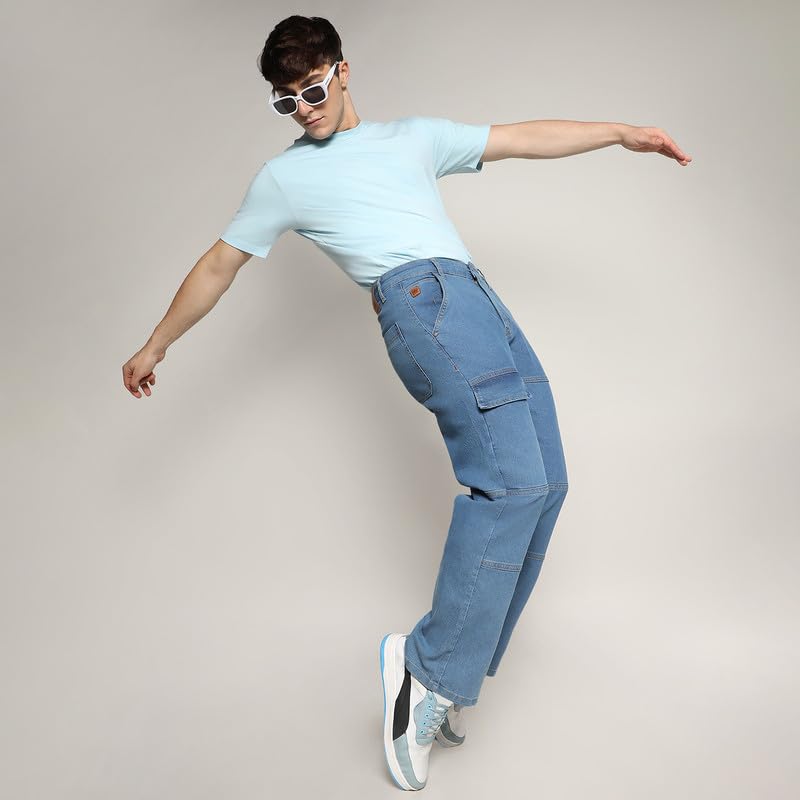 Image of CAHOOT Men's Stitched Cargo Denim Jeans for Casual Wear | Dark-Wash | 5 Pocket | Button Closure | Denim Jeans Crafted with Comfort Fit for Everyday Wear