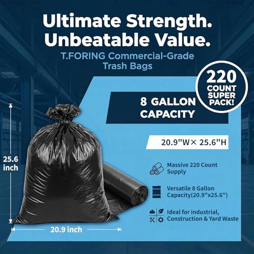 Image of Medium Trash Bags 8 Gallon Heavy Duty, 0.94 Mil, Black, 220 Count | 30 Liter Garbage Bag, Plastic Waste Basket Can Liners, Unscented, Leakproof, Tear Resistant, for Bathroom Office Kitchen Bulk