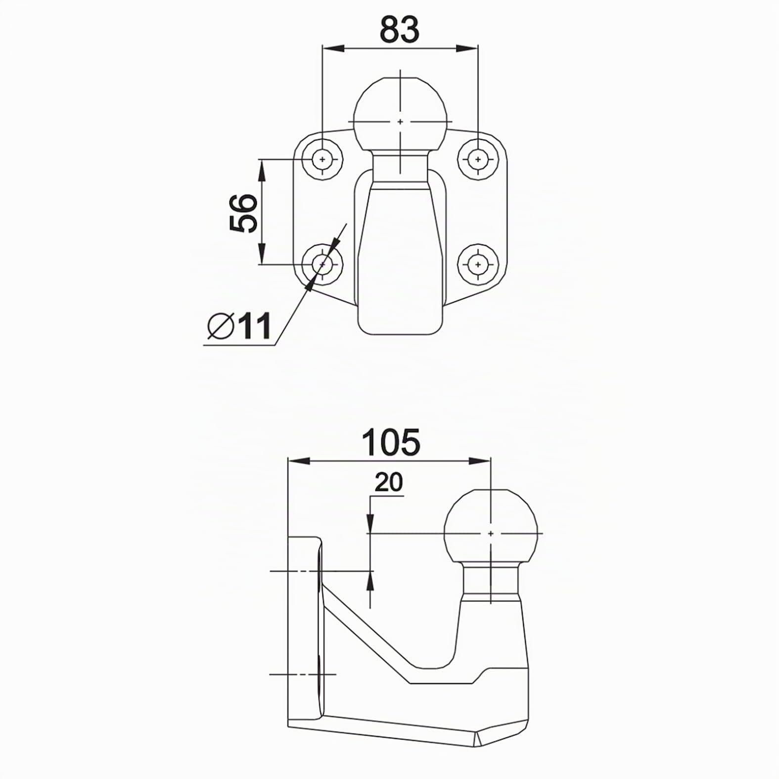 XIMPLIO Heavy Duty Duty 3500 kg / 250 kg / 25 kN Plaque de fixation Bride Boule d'attelage Chevalet de remorque Trou 83 mm x 56 mm, Noir