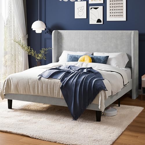 Image of Allewie Full Size Platform Bed with Corduroy Wingback Headboard, Light Grey