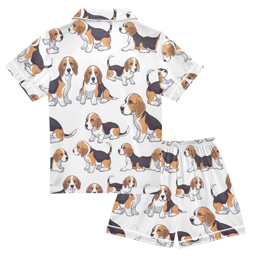 ALAZA Beagle Puppy Dog Animal White Satin Pajamas Set Short Sleeve Button Down Sleepwear Summer Pjs 2 Piece2