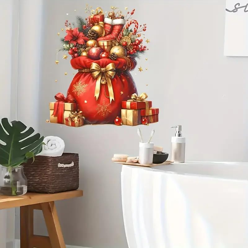 Merry Christmas Bow Snata Gift Bag Toilet Cover Sticker Decals,Spring Flower Leaf Butterfly Waterproof Toilet Lid Tank Seat Decals Cistern Self-Adhesive Bathroom Wall Sticker