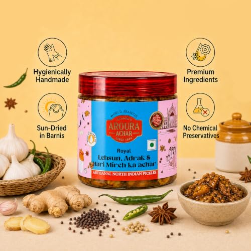Image of LUCKNOW'S AROURA ACHAR SINCE 1944 Royal Lehsun,Adrak & Hari Mirch Ka Achar 400g for Home Use Home Made With Love No Artificial Colors