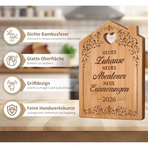 Geschenk zum Einzug 2026 - Graviertes Bambus Schneidebrett, Einzugsgeschenke Wohnung, Einweihungsgeschenk Haus, Richtfestgeschenk, Richtfest Neues Zuhause Neues Haus Neue Wohnung Hauskauf Geschenke 4