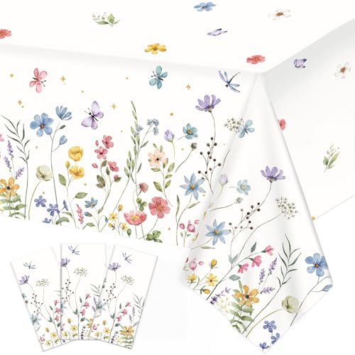 LINHAXM 3 Pack Spring Floral Tablecloth, Wildflower Butterfly Plastic Table Cover for Easter, Birthday, Wedding, Tea, Wildflower Party Decorations, 54 x 108 Inch