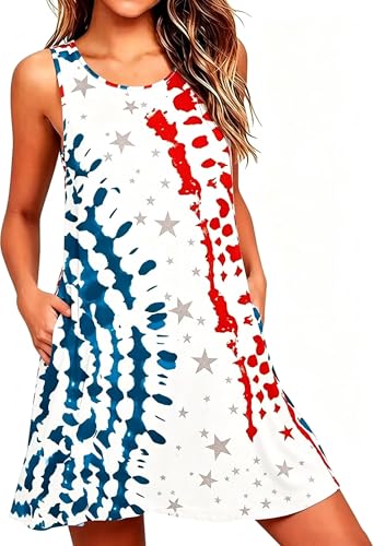 Image of Roshop Womens Juneteenth Flag Sleeveless Dress 4th of July Patriotic Swing Sundress with Pockets