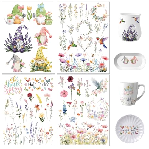 4 Blatt Rub On Sticker Blumen Transferaufkleber Selbstklebend Wichtel mit Tulpen und Blumen Rub On Folie Frühling Aufkleber Scrapbooking Sticker Dekoration für DIY Glas Holz Möbel Keramik