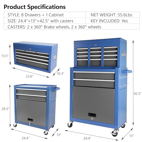Image of Tool Chest With 8 Drawers, Detachable Rolling Tool Box, Universal Lockable Wheels, Detachable Organizer Tool Box, Mobile Lockable Tool Box for Workshop Mechanics Garage(Blue+Grey)