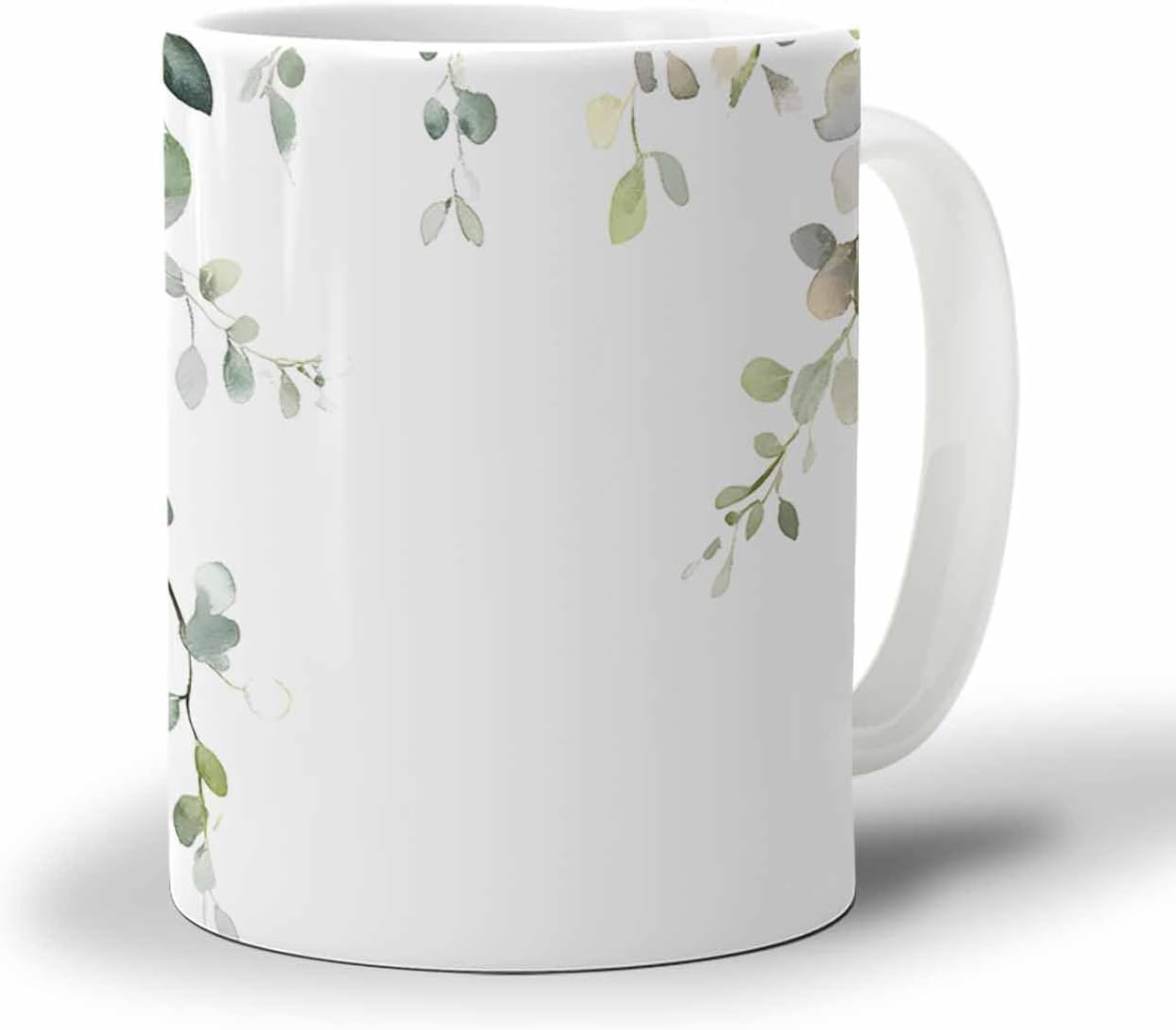 BEMIGO Ceramic Coffee Mug Spring Green Leaf Ceramic Mug White Cup, Eucalyptus Leaves Insulated Coffee Cup with Handle with Pattern Perfect for Tea and Hot Beverages, 12oz