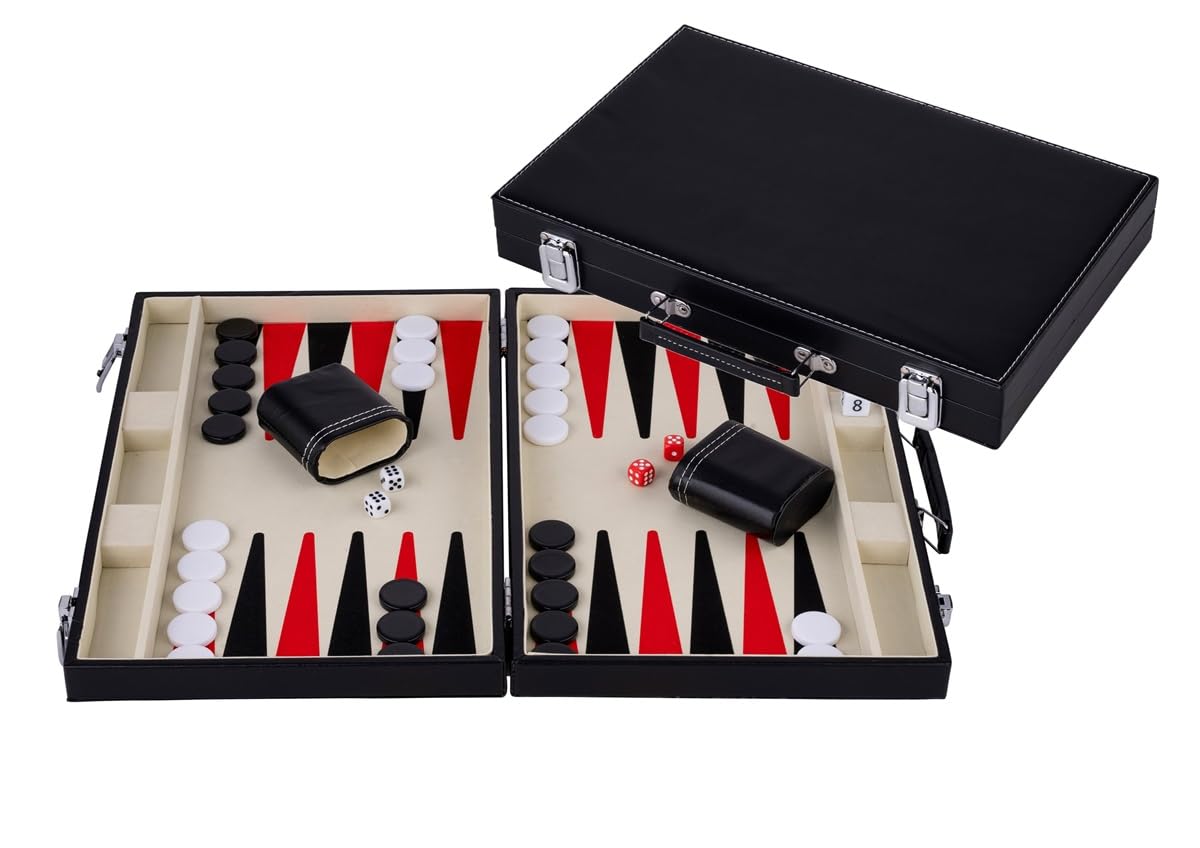 Backgammon Set 36 cm Koffer Kunstleder Rot Schwarz Weiß 250505 | Strategiespiel 2 Spieler mit Filz Spielfeld, 5 Würfeln, 2 Bechern, Spielsteinen und Regeln ab 6 Jahren