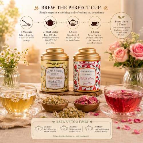 Image of Sancha Tea Boutique, Combo Pack: Chamomile Herbal (50g), Caffeine Free Herbal Tisane & Wild Rose Green Tea (100g), Real Rose Flower & Chamomile Flower Blend