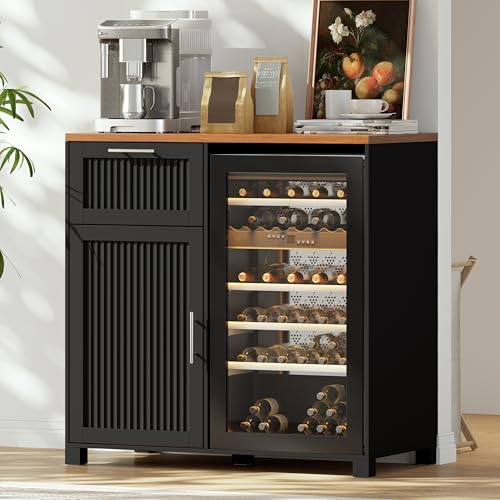 Image of 38.6 inch Long Fluted Mini Fridge Cabinet with Power Outlet & Drawer, Black