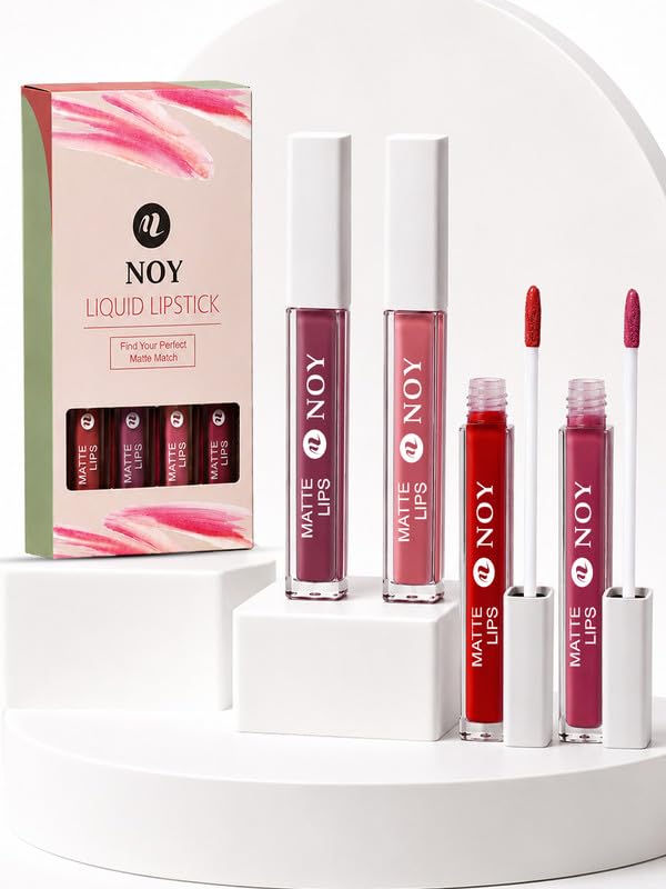 Image of Noy Matte Liquid Lipstick Bold Matte Finish That Feels Soft and Smooth - Nude Pink, Tan Nude, Red Magenta, Venetian Red Shades Pack of 4