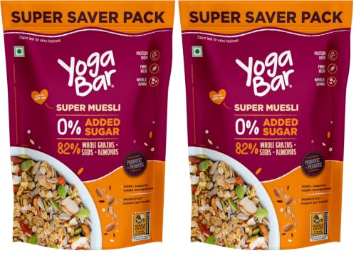 Image of Yogabar Super Muesli, No Added Sugar, Breakfast Muesli with Probiotics & Prebiotics, 84% Whole Grains + Seeds + Almonds, 700g (Pack of 2)