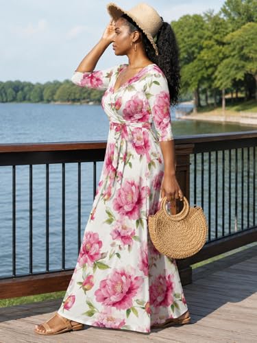 Image of SUZONANA Plus Size Dresses for Women Floral Print Maxi Dress Flowy 3 /4 Sleeve with Belt