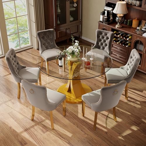Image of 7-Piece Dining Table Set with 47In Tempered Glass Table and 6 Velvet Upholstered Chairs, Modern Scandinavian Furniture for Dining Room Kitchen(Gray&Gold)