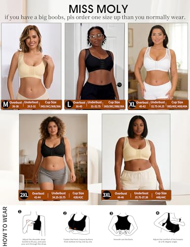 MISS MOLY Post Surgery Compression Bras For Women Front Closure Adjustable Strap Wirefree Breast Enhancement Posture Sport Bra Black L - image 6