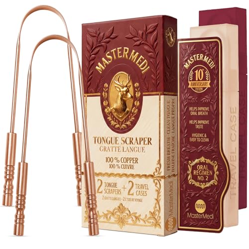 MasterMedi 100% reines kupfer zungenschaber mit reiseetui - 2 pack all natural ayurveda zungenreiniger bannt mundgeruch und pflegt mundhygiene groß grip (Set of 2 (Copper Tongue Scraper))