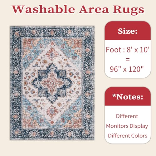 SERISSA Boho 8x10 Area Rugs, Washable Vintage Large Living Room Rug Non-Slip, Ultra Soft Oriental Print Distressed Tribal Farmhouse Blue Orange Carpet for Dining Room Bedroom Dorm Office Home Decor