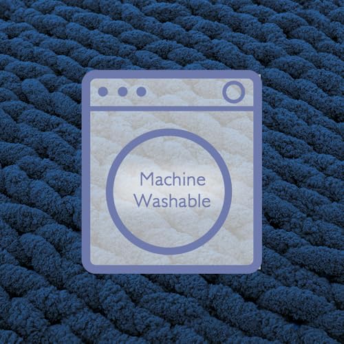 Bigacogo Chunky Knit Throw Blanket for Couch, 40x40 inches, 100% Hand Knitted with Thick Jumbo Chenille Yarn, Cozy Soft Large Rope Knot Cable Crochet Blankets for Sofa Bed Living Room, Navy Blue