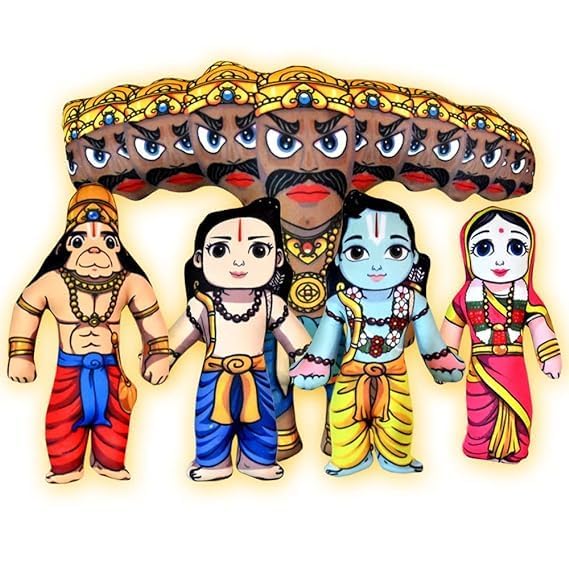 Image of Ram Darbar Soft Toy Set with Ravan - Lord Ram, Sita, Hanuman, Lakshman & Ravan Plush Dolls for Kids | Baby-Safe Ram Pariwar Stuffed Toys for Home Decor, Pooja Room & Gifting