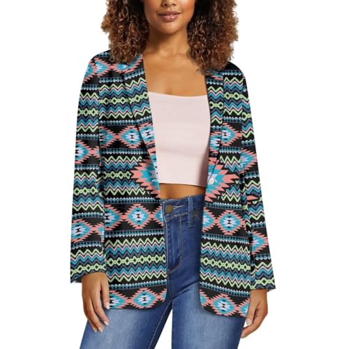 Southwest Ethnic Aztec Geometric Casual Hawaiian Blazers Women's Lapel One Button Blazers Vacation Outfits