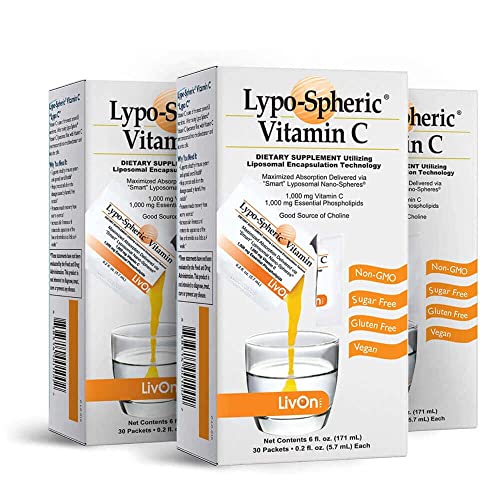 LivOn Laboratories Lypo–Spheric Vitamin C – 3 Cartons (90 Packets) – 1,000 mg Vitamin C & 1,000 mg Essential Phospholipids Per Packet – Liposome Encapsulated for Improved Absorption – 100% Non–GMO