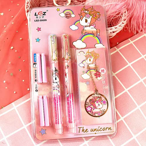 Crackles Cute Unicorn Glittery Fountain Pen Set With Book Mark For Girls Stationery Writing Set For Kids (2 Pens, 4 Refills and 1 Bookmark)- Multi Color