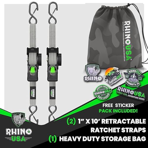 Image of Rhino USA Retractable Ratchet Straps (2-Pack) - 1 Inch x 10 Feet (1,209lb Break Strength) - Auto Self Retracting Tie Down Straps for Truck, Cargo Trailer, Motorcycle, ATV, UTV - Gray