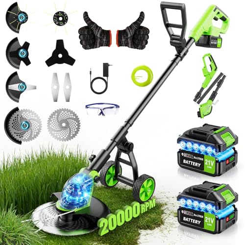 20000 RPM Electric Weed Eater Battery Powered 6000mAh, 12″ Brushless Electric Weed Wacker Cordless Wheeled Edger Trimmer, 4-in-1 Brush Cutter Heavy Duty/String Trimmer/Lawn Mower Edger, 2 Battery Tool