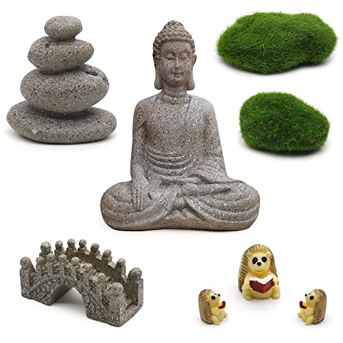 BangBangDa Meditation Zen Garden Accessories - Miniature Buddha Garden Kit Micro Landscape Terrarium Kit DIY Fairy Garden Buddha Statue Bridge Pagoda Moss Stone