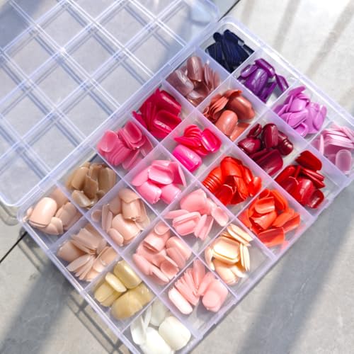 Image of 576Pcs Short Square Press on Nails Solid Color Fake Nails 24 color Wine Red Pink Nude Glossy Full Cover Stick on Nails for Women Manicure