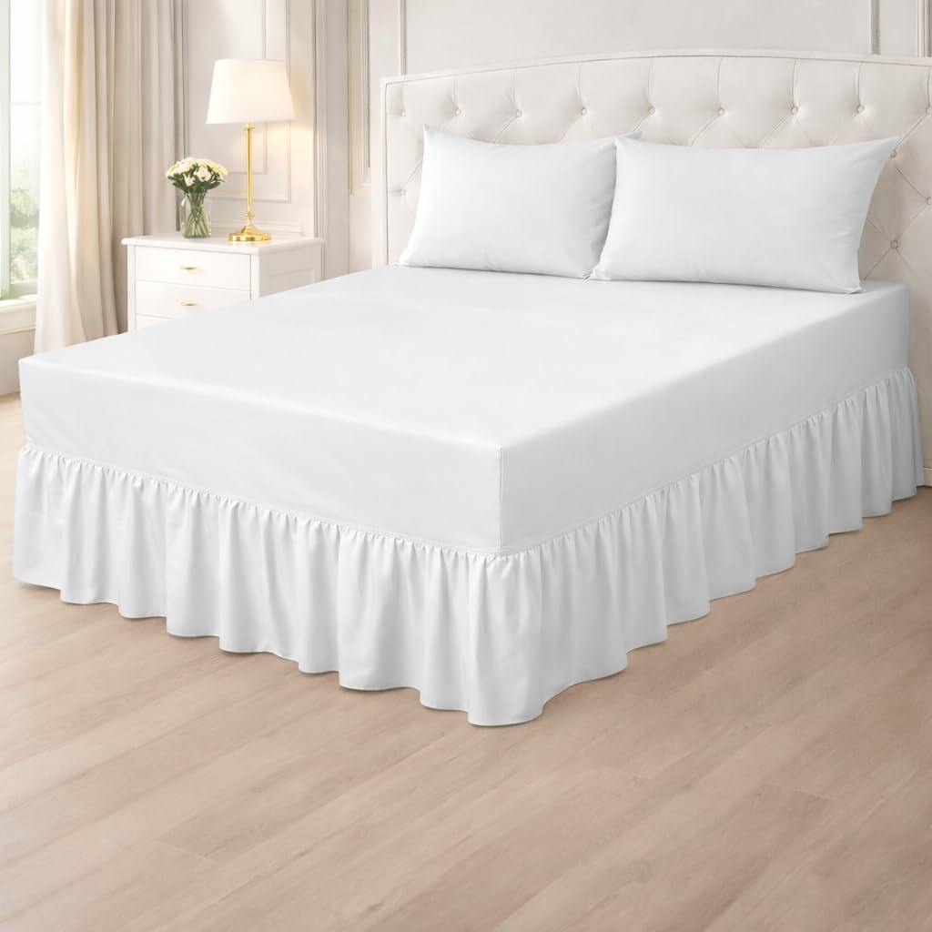 Plain Poly cotton Extra Deep Frilled Valance Fitted Sheets, Easy Case Fitted Valance Sheets in 14 Attractive Colors, Percale Quality Fitted Valance Sheet (White, Super king)