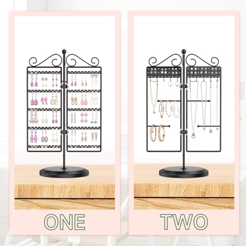 Image of MODOWEY Rotating Jewelry Holder Organizer Stand, 250 Hole and Groove Stud Dangle Earring Display Metal Rack, 10 Hook Necklace Tree for Bracelet Ring Storage, Compact Multi-Use Tower for Women, Black