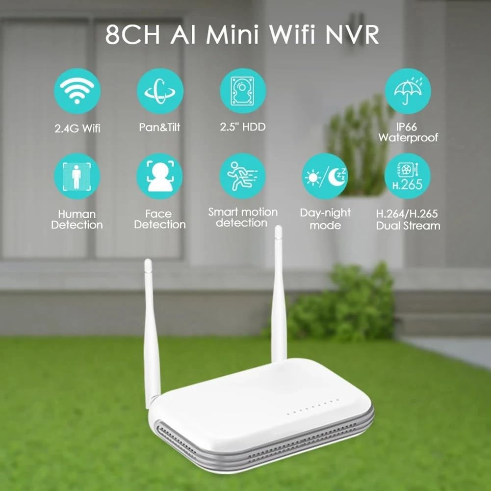 Mini Grabadora de Vídeo en Red WiFi NVR de 8 Canales 265 con Detección Avanzada, Compatible con la Aplicación XMEYE ICSee y Enchufe de la UE.