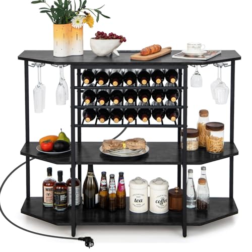 GIANTEX Aparador con Botellero para 21 Botellas, Estantería de 3 Niveles con Portavasos, Mueble Auxiliar con 2 Puertos USB y 2 Enchufes, 120 x 40 x 92 cm, para Bar, Comedor (Gris)
