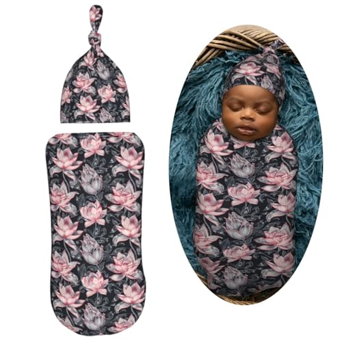 Image of Lotus Bohemians Flowers Paisley Newborn Swaddle Blankets Hat Sets Soft Baby Receiving Blanket Swaddle Sack for Baby Shower Infant Boy Girl Gift